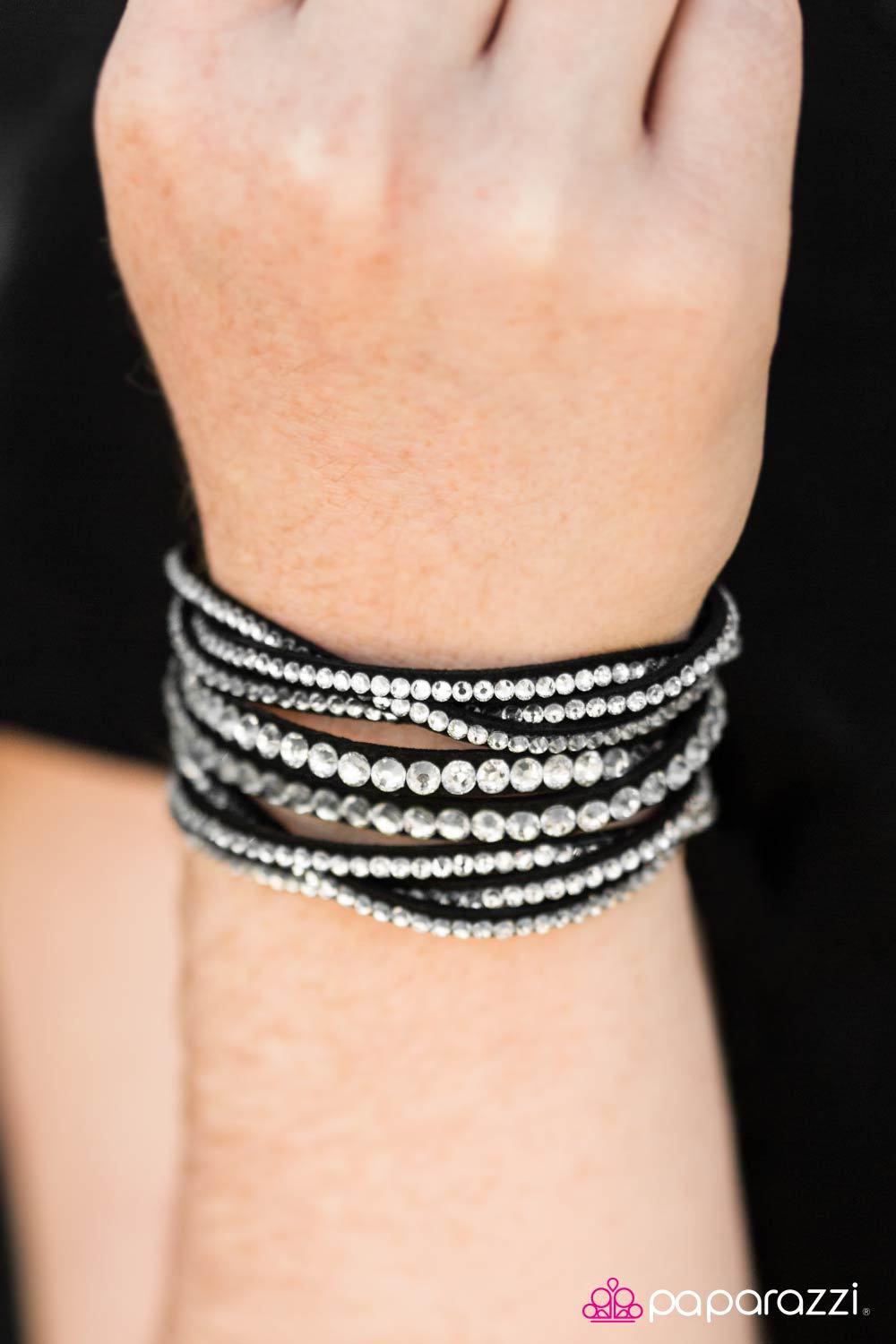 All Hairspray and Glitter Black and White Urban Wrap Snap Bracelet - Paparazzi Accessories- on model - CarasShop.com - Paparazzi Jewelry by Cara Jewels