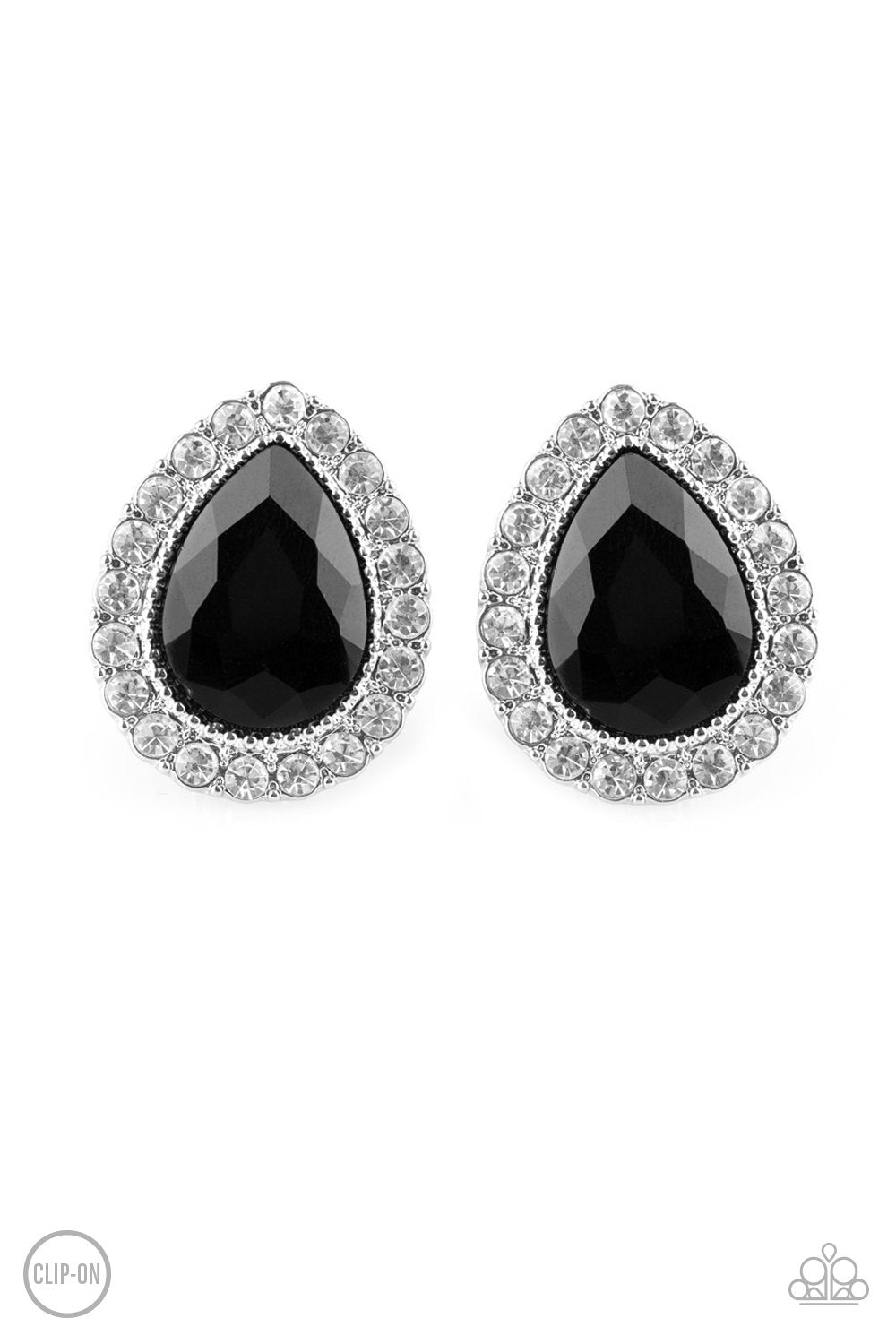 All HAUTE and Bothered Black and White Rhinestone Teardrop Clip-On Earrings - Paparazzi Accessories- lightbox - CarasShop.com - Paparazzi Jewelry by Cara Jewels