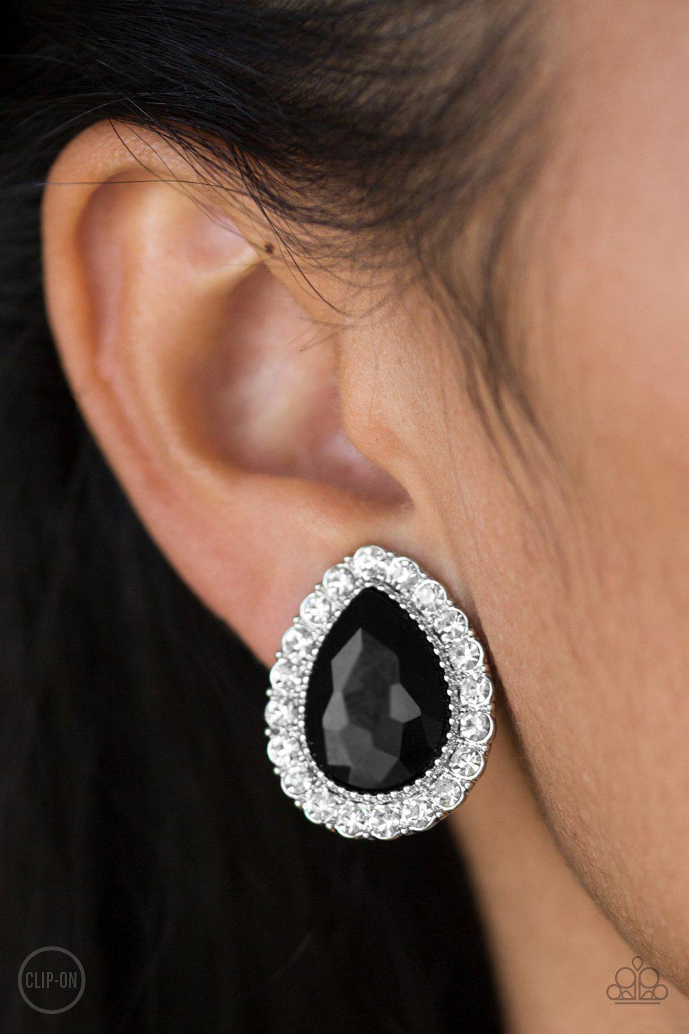 All HAUTE and Bothered Black and White Rhinestone Teardrop Clip-On Earrings - Paparazzi Accessories- on model - CarasShop.com - Paparazzi Jewelry by Cara Jewels