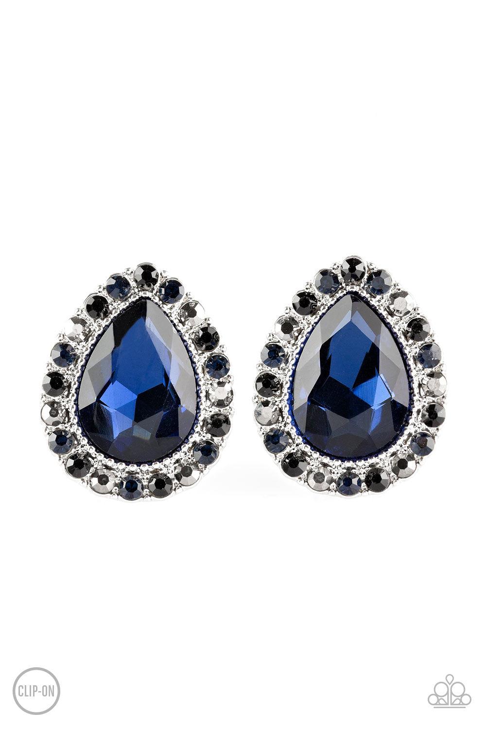 All HAUTE and Bothered Multi Blue and Hematite Rhinestone Clip-on Earrings - Paparazzi Accessories- lightbox - CarasShop.com - Paparazzi Jewelry by Cara Jewels