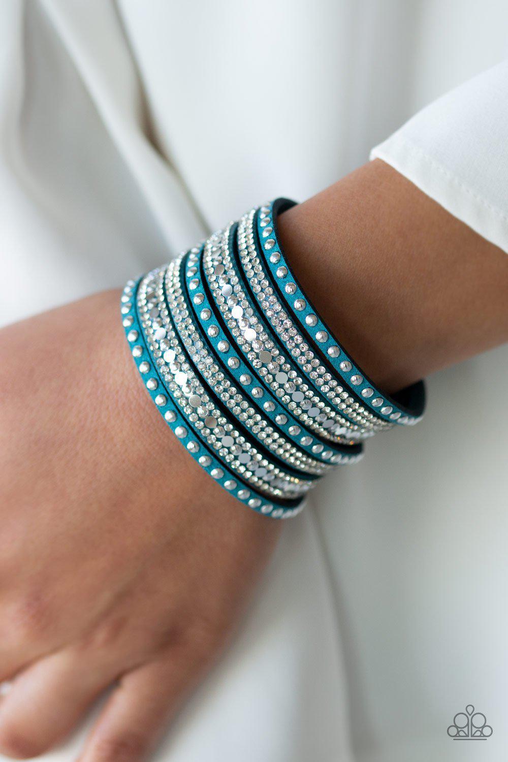 All Hustle and Hairspray Blue Urban Wrap Snap Bracelet - Paparazzi Accessories- on model - CarasShop.com - Paparazzi Jewelry by Cara Jewels