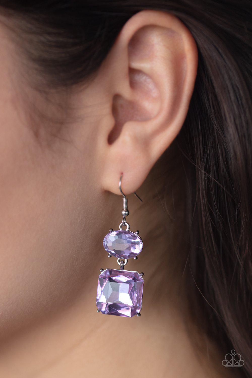 All ICE On Me Purple Gem Earrings - Paparazzi Accessories- on model - CarasShop.com - Paparazzi Jewelry by Cara Jewels