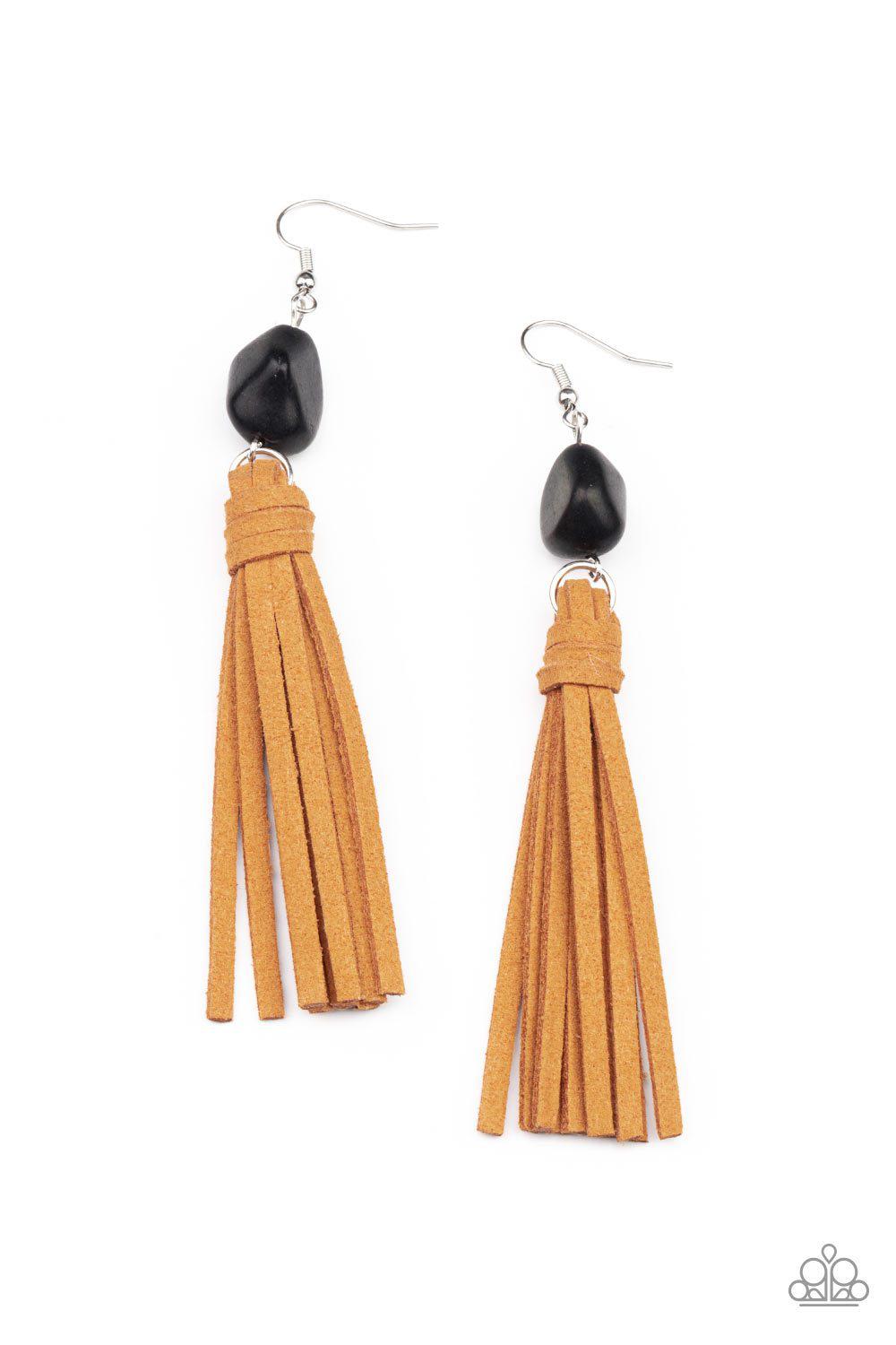 All-Natural Allure Black Stone and Suede Tassel Earrings - Paparazzi Accessories- lightbox - CarasShop.com - Paparazzi Jewelry by Cara Jewels