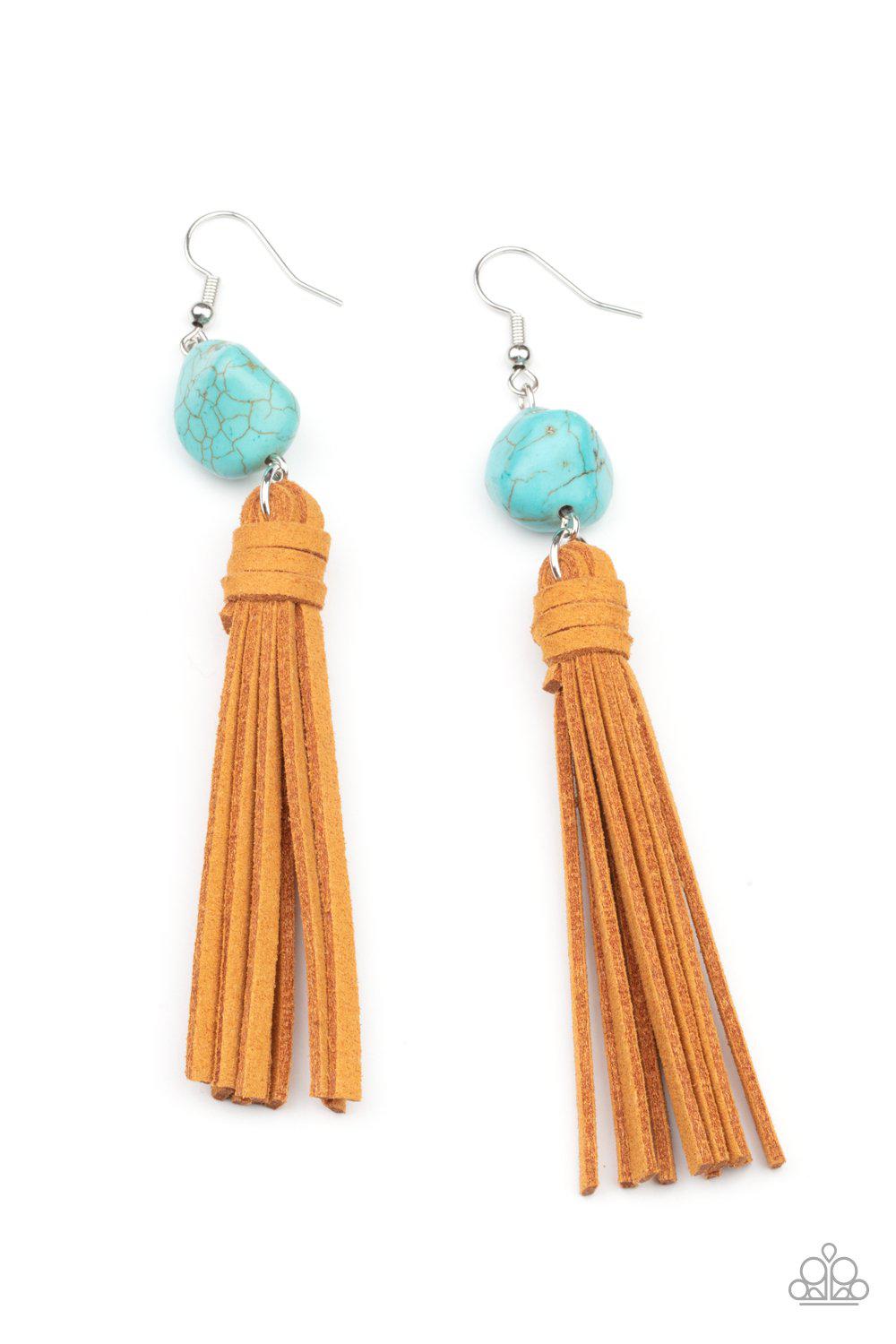 All-Natural Allure Turquoise Blue Stone and Suede Tassel Earrings - Paparazzi Accessories- lightbox - CarasShop.com - Paparazzi Jewelry by Cara Jewels
