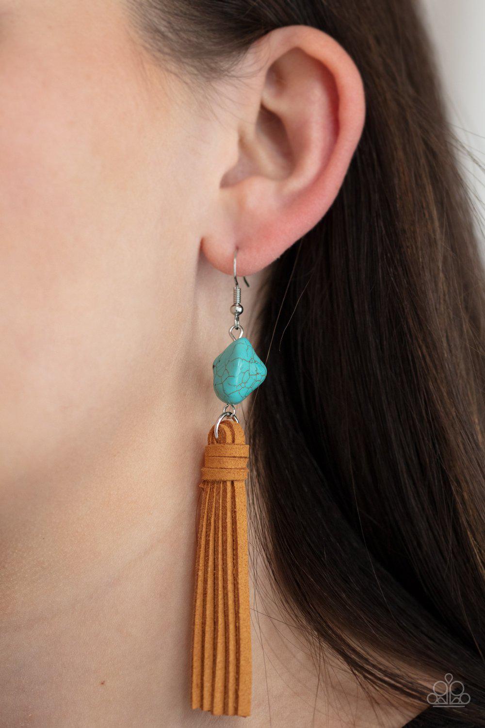 All-Natural Allure Turquoise Blue Stone and Suede Tassel Earrings - Paparazzi Accessories- lightbox - CarasShop.com - Paparazzi Jewelry by Cara Jewels