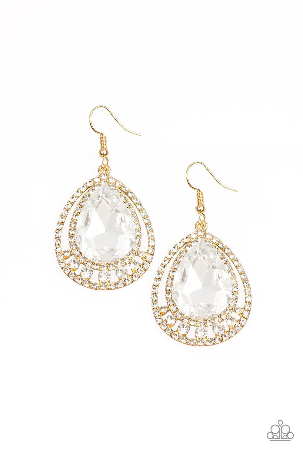 All Rise For Her Majesty Gold and White Rhinestone Earrings - Paparazzi Accessories- lightbox - CarasShop.com - Paparazzi Jewelry by Cara Jewels