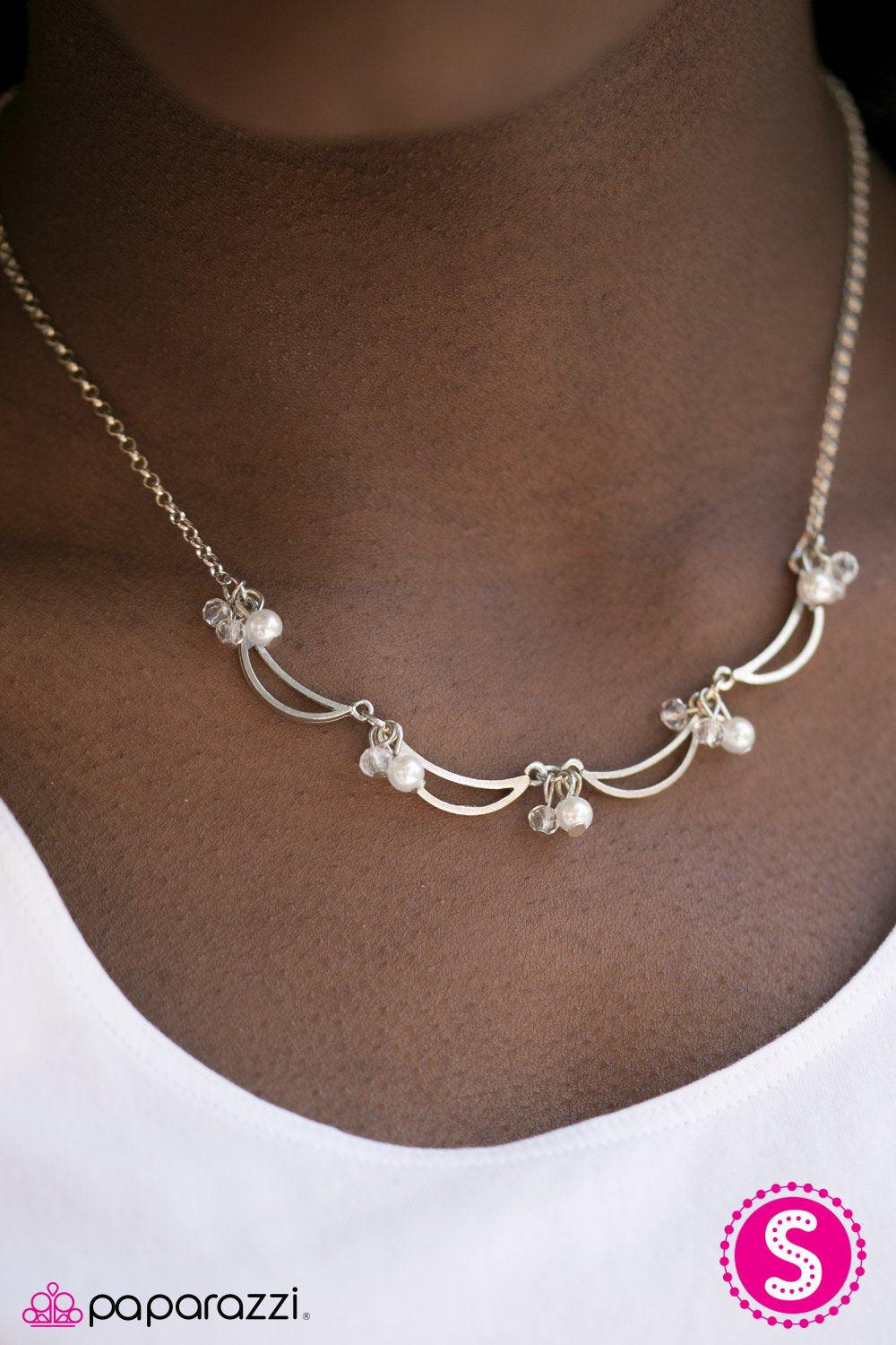 All Singing All Dancing Silver and White Pearl Necklace - Paparazzi Accessories- on model - CarasShop.com - Paparazzi Jewelry by Cara Jewels