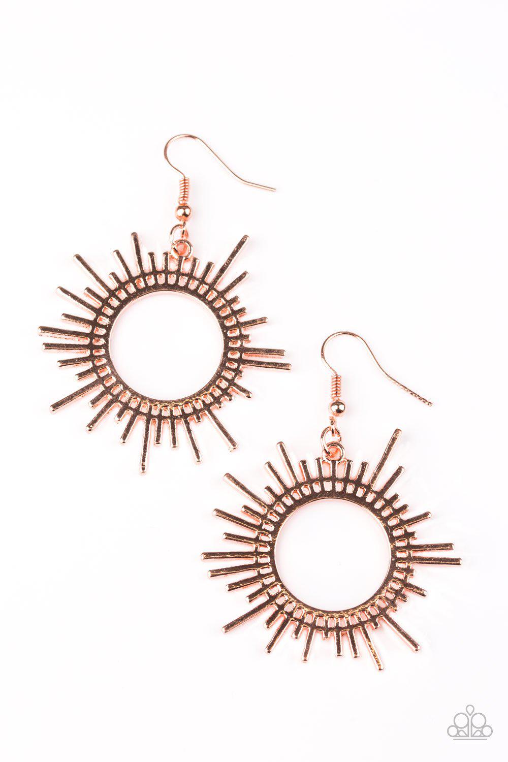 All Sizzle Shiny Copper Sunburst Earrings - Paparazzi Accessories- lightbox - CarasShop.com - Paparazzi Jewelry by Cara Jewels