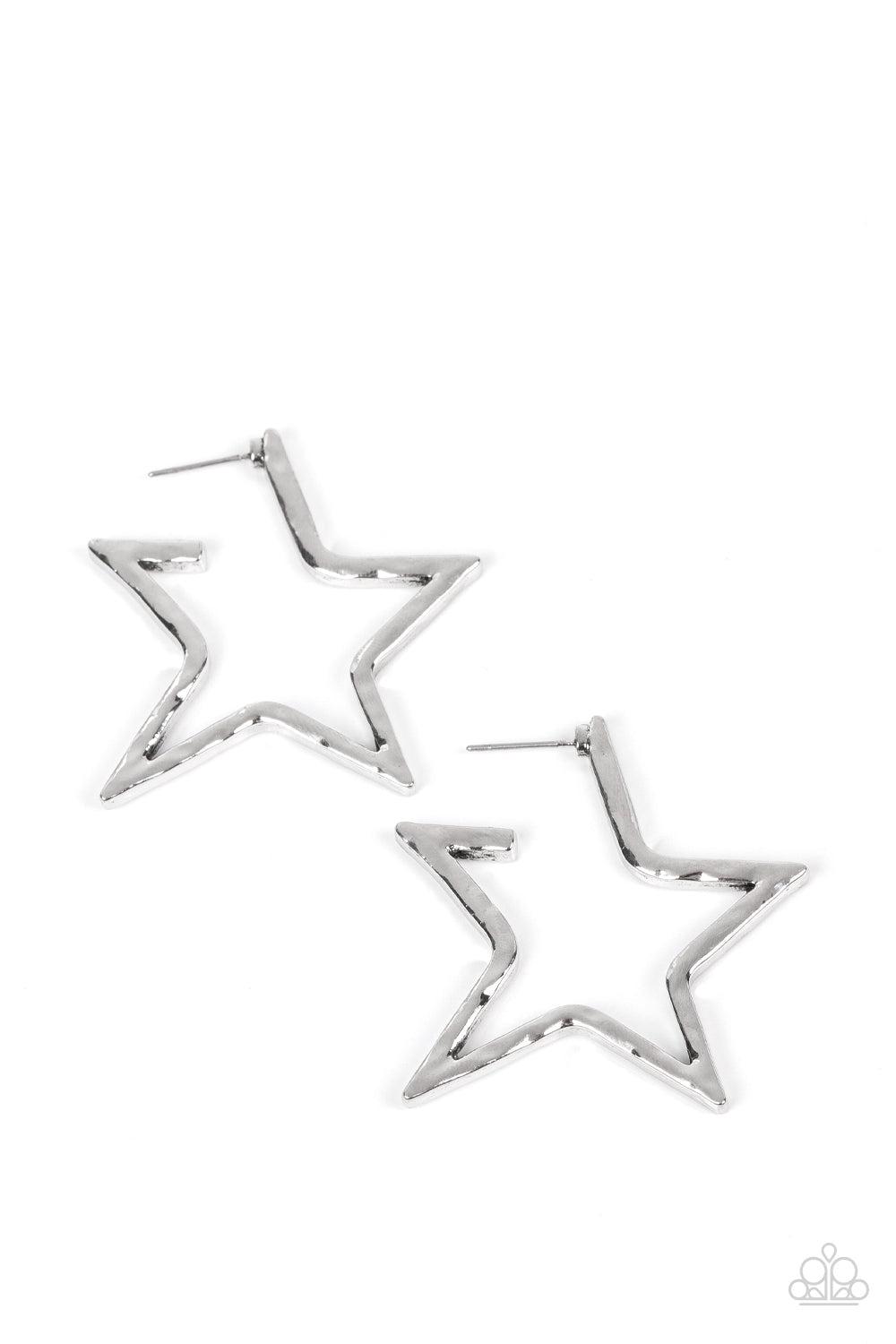 All-Star Attitude Silver Star Hoop Earrings - Paparazzi Accessories- lightbox - CarasShop.com - Paparazzi Jewelry by Cara Jewels