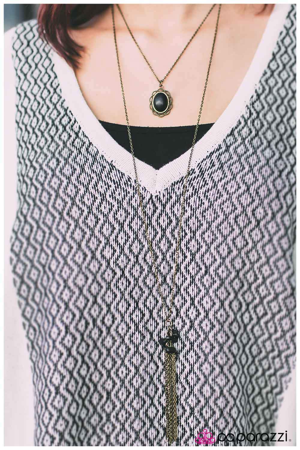 All The Pretty Horses Brass and Black Stone Necklace - Paparazzi Accessories- on model - CarasShop.com - Paparazzi Jewelry by Cara Jewels