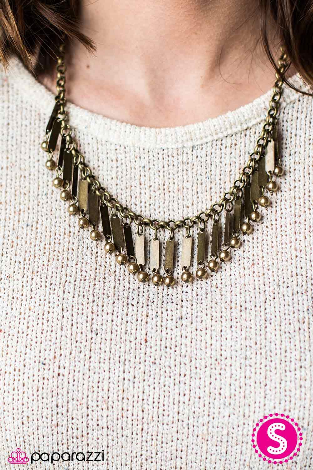 All The Right Moves Brass Fringe Necklace - Paparazzi Accessories- on model - CarasShop.com - Paparazzi Jewelry by Cara Jewels