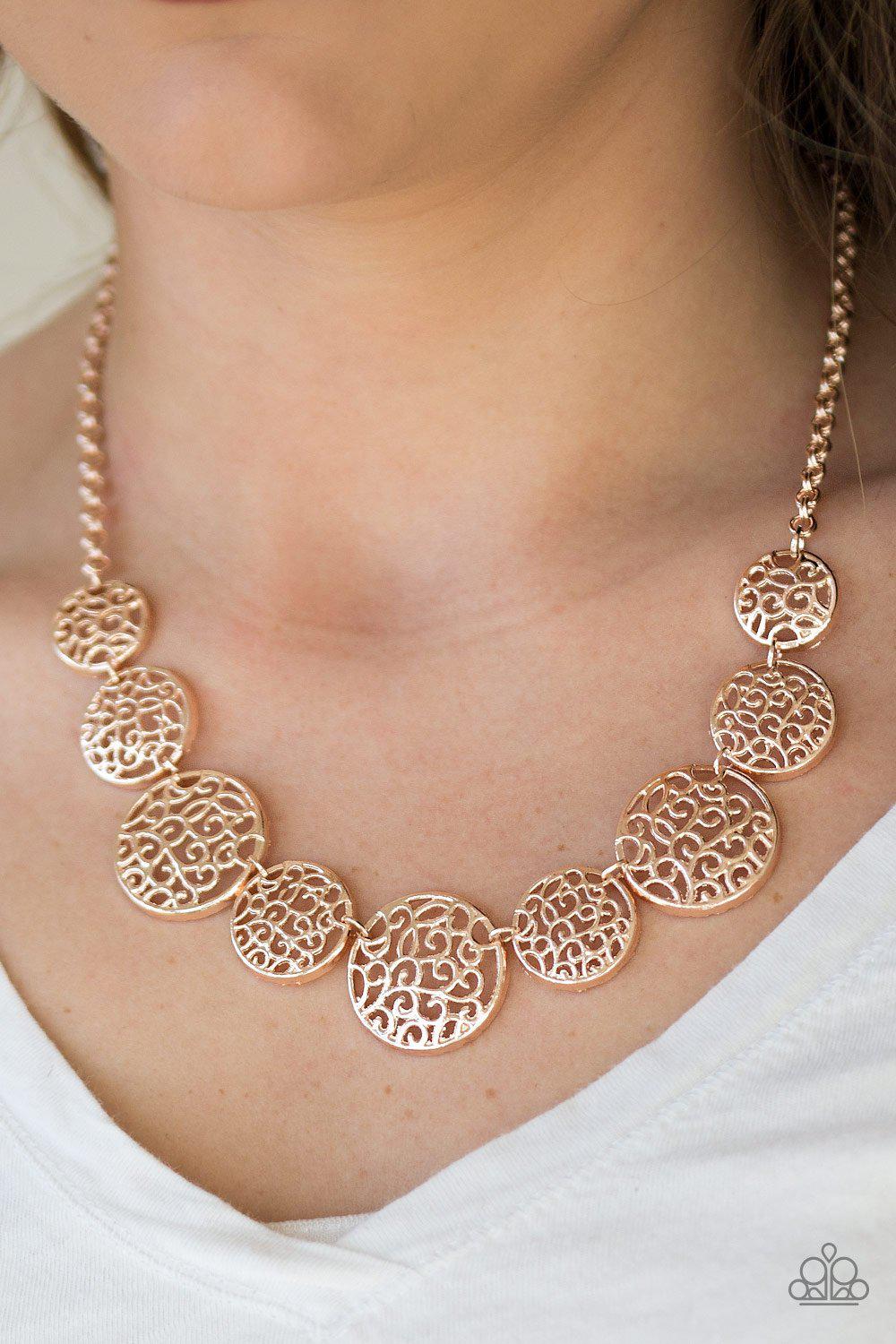 All the Time In The WHIRL Rose Gold Necklace - Paparazzi Accessories- on model - CarasShop.com - Paparazzi Jewelry by Cara Jewels