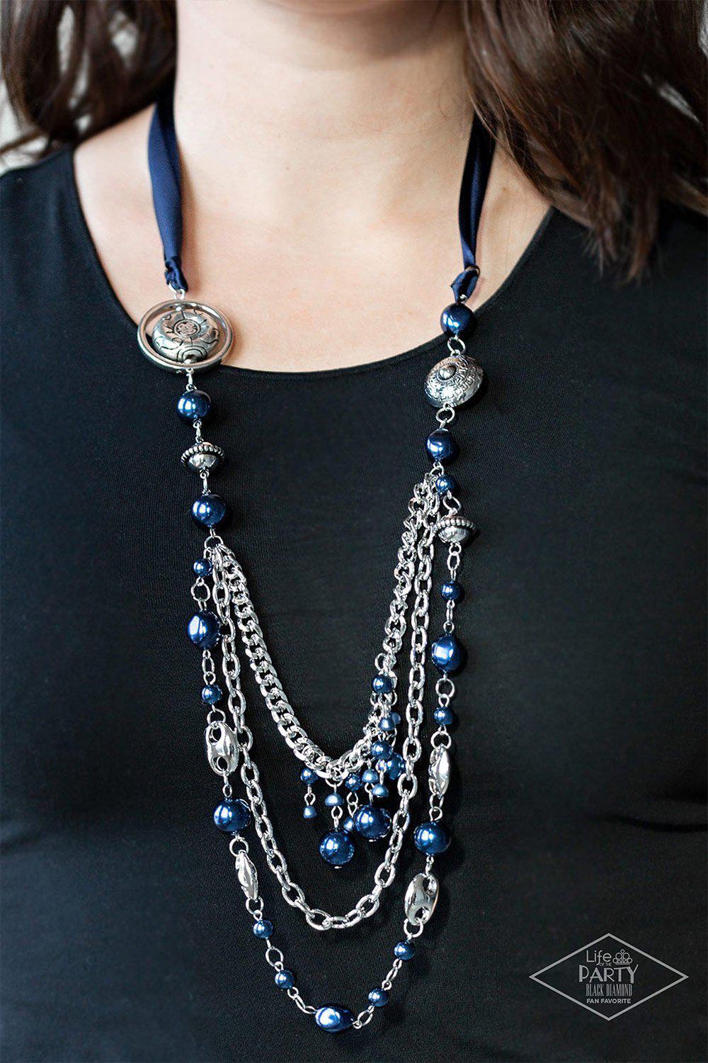 All The Trimmings Dark Blue Ribbon Necklace - Paparazzi Accessories- on model - CarasShop.com - Paparazzi Jewelry by Cara Jewels