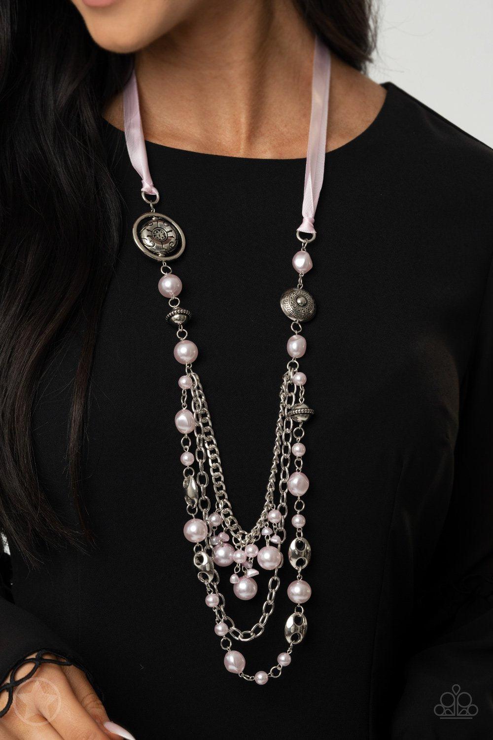 All The Trimmings Pink Ribbon Necklace - Paparazzi Accessories- on model - CarasShop.com - Paparazzi Jewelry by Cara Jewels