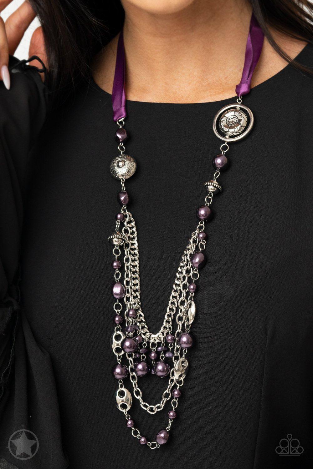 All The Trimmings Purple Ribbon Necklace - Paparazzi Accessories- lightbox - CarasShop.com - Paparazzi Jewelry by Cara Jewels