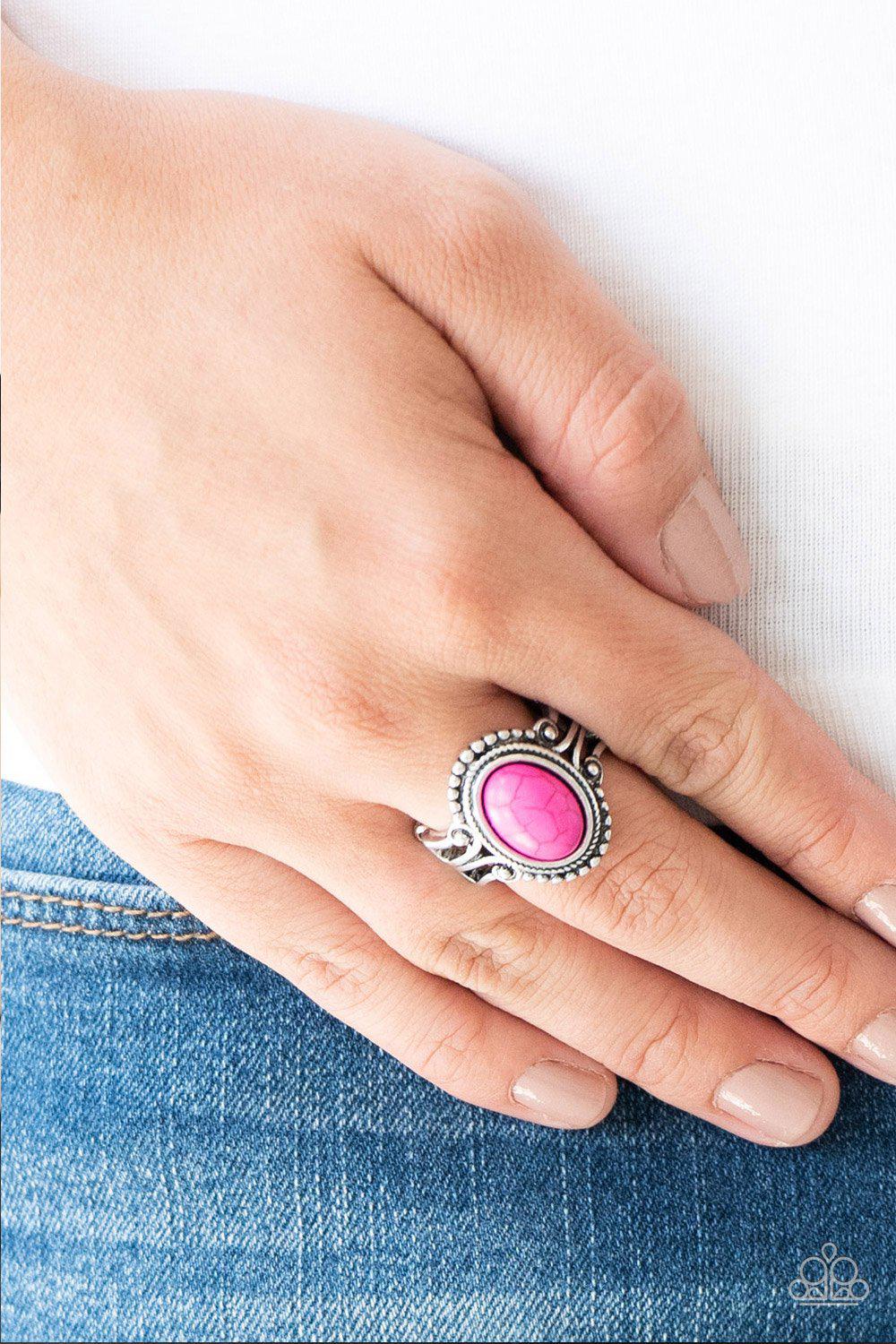 All The World's A STAGECOACH Pink Stone Ring - Paparazzi Accessories- on model - CarasShop.com - Paparazzi Jewelry by Cara Jewels