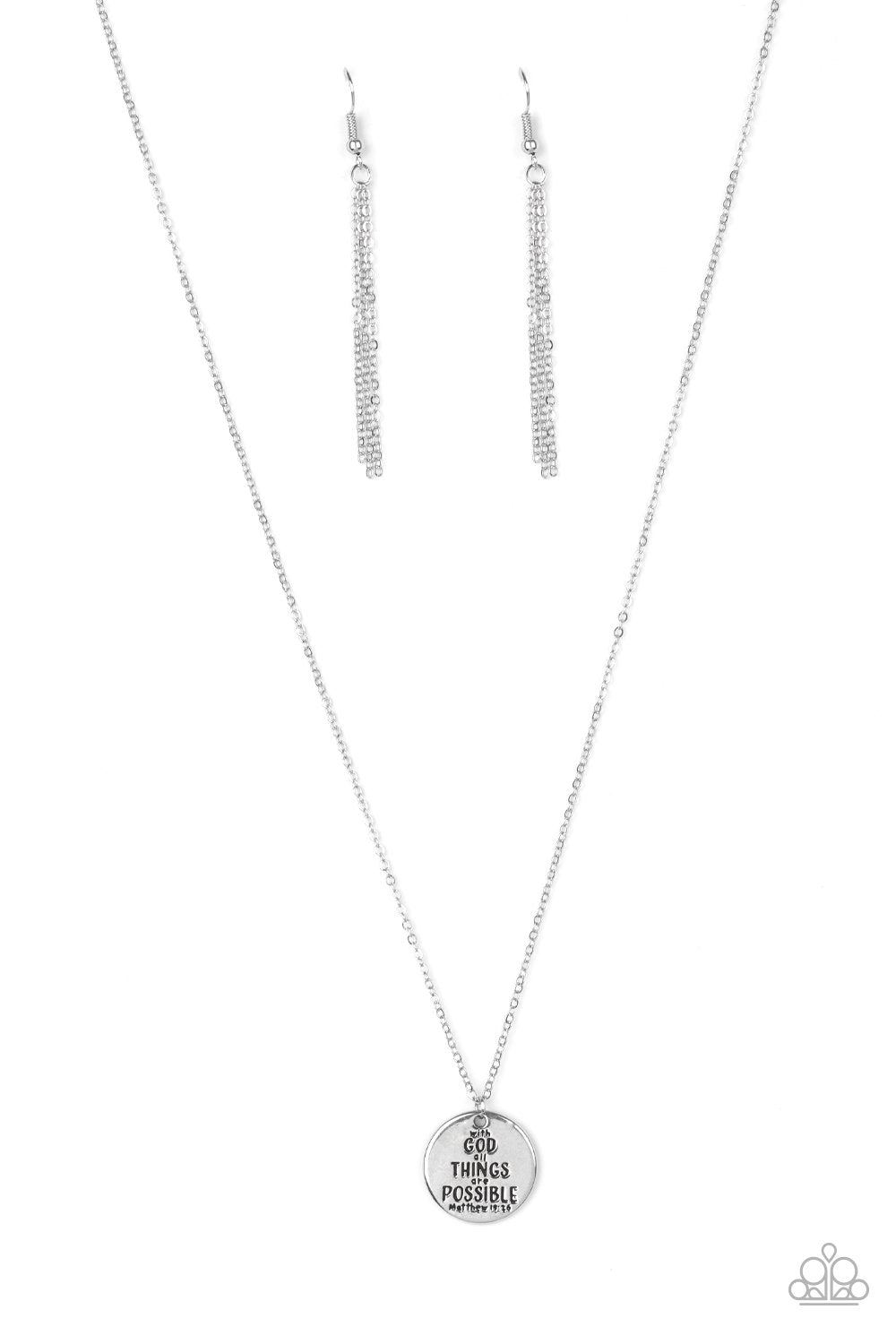 All Things Are Possible Silver Inspirational Necklace and matching Earrings - Paparazzi Accessories- lightbox - CarasShop.com - Paparazzi Jewelry by Cara Jewels