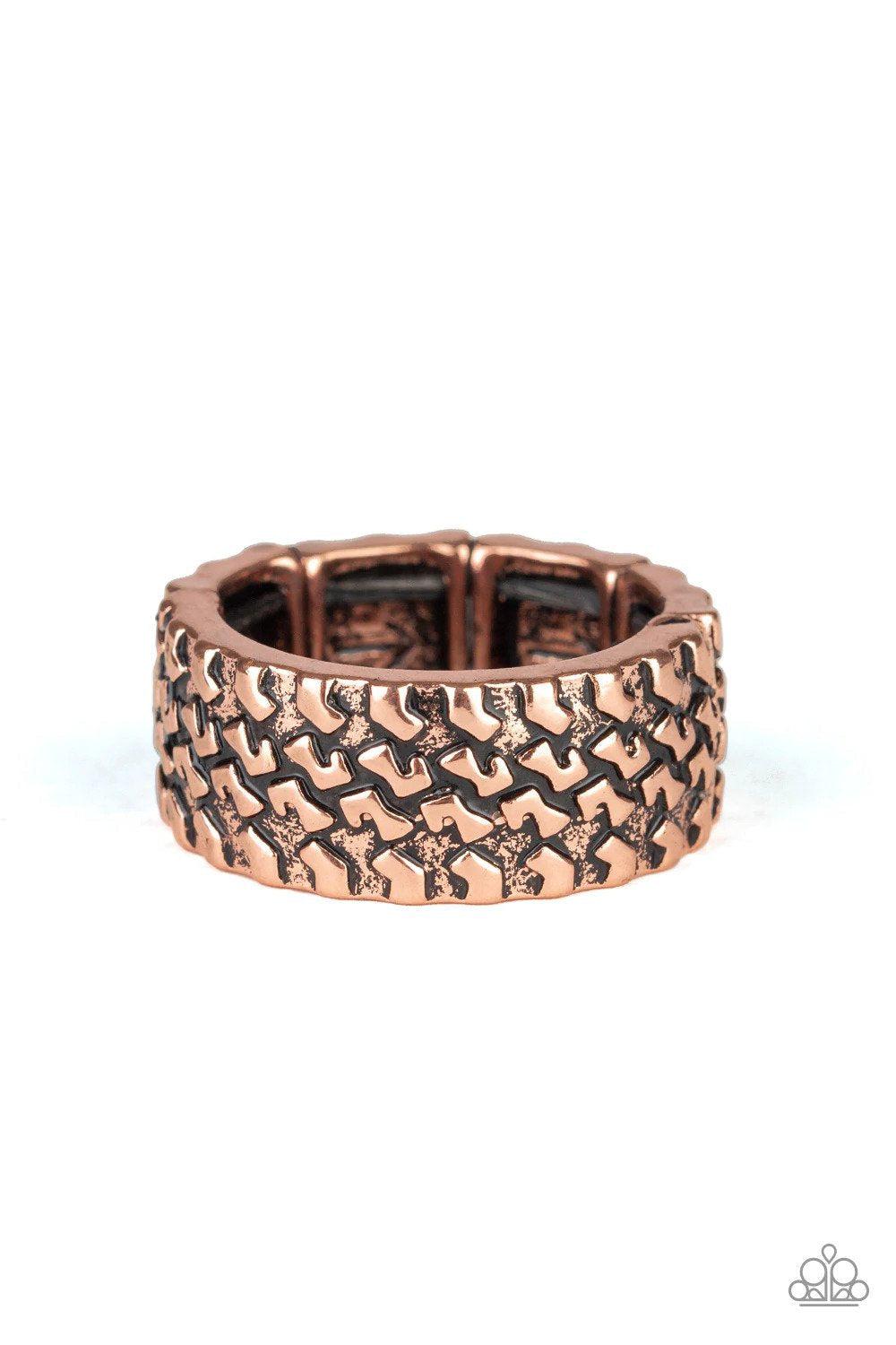 All Wheel Drive Men's Copper Ring - Paparazzi Accessories- lightbox - CarasShop.com - Paparazzi Jewelry by Cara Jewels