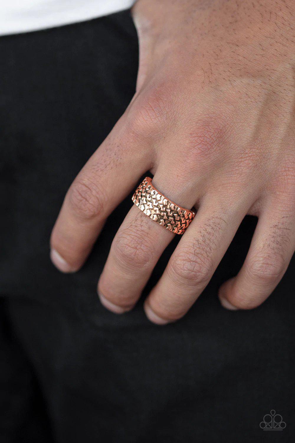 All Wheel Drive Men's Copper Ring - Paparazzi Accessories- on model - CarasShop.com - Paparazzi Jewelry by Cara Jewels