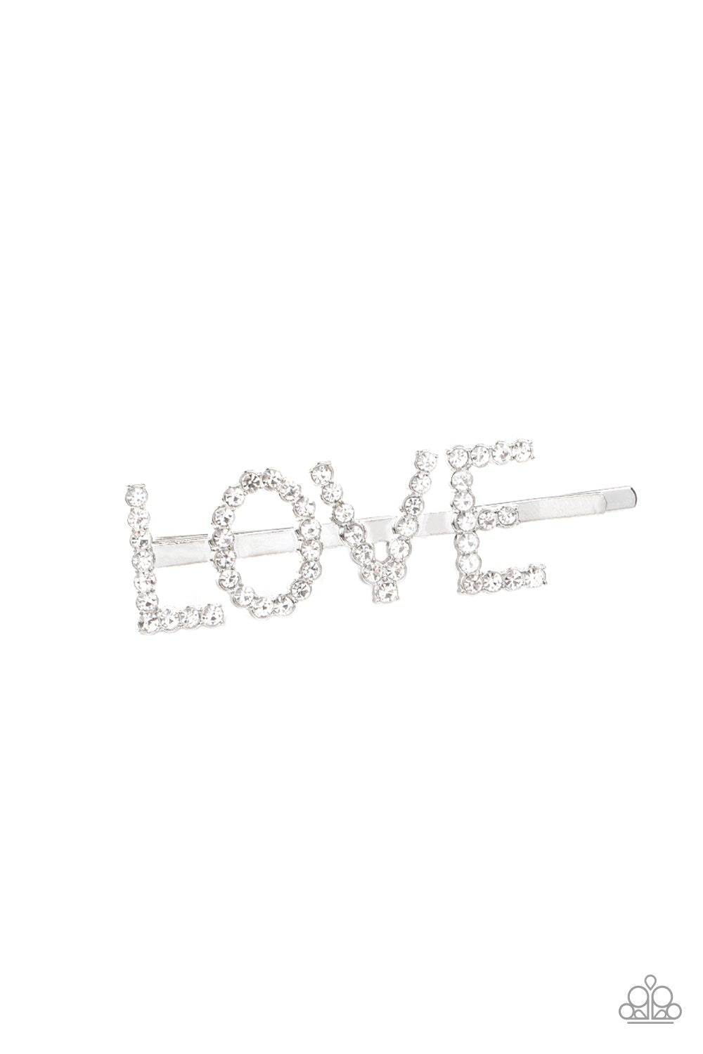 All You Need Is Love White Rhinestone Hair Pin - Paparazzi Accessories- lightbox - CarasShop.com - Paparazzi Jewelry by Cara Jewels