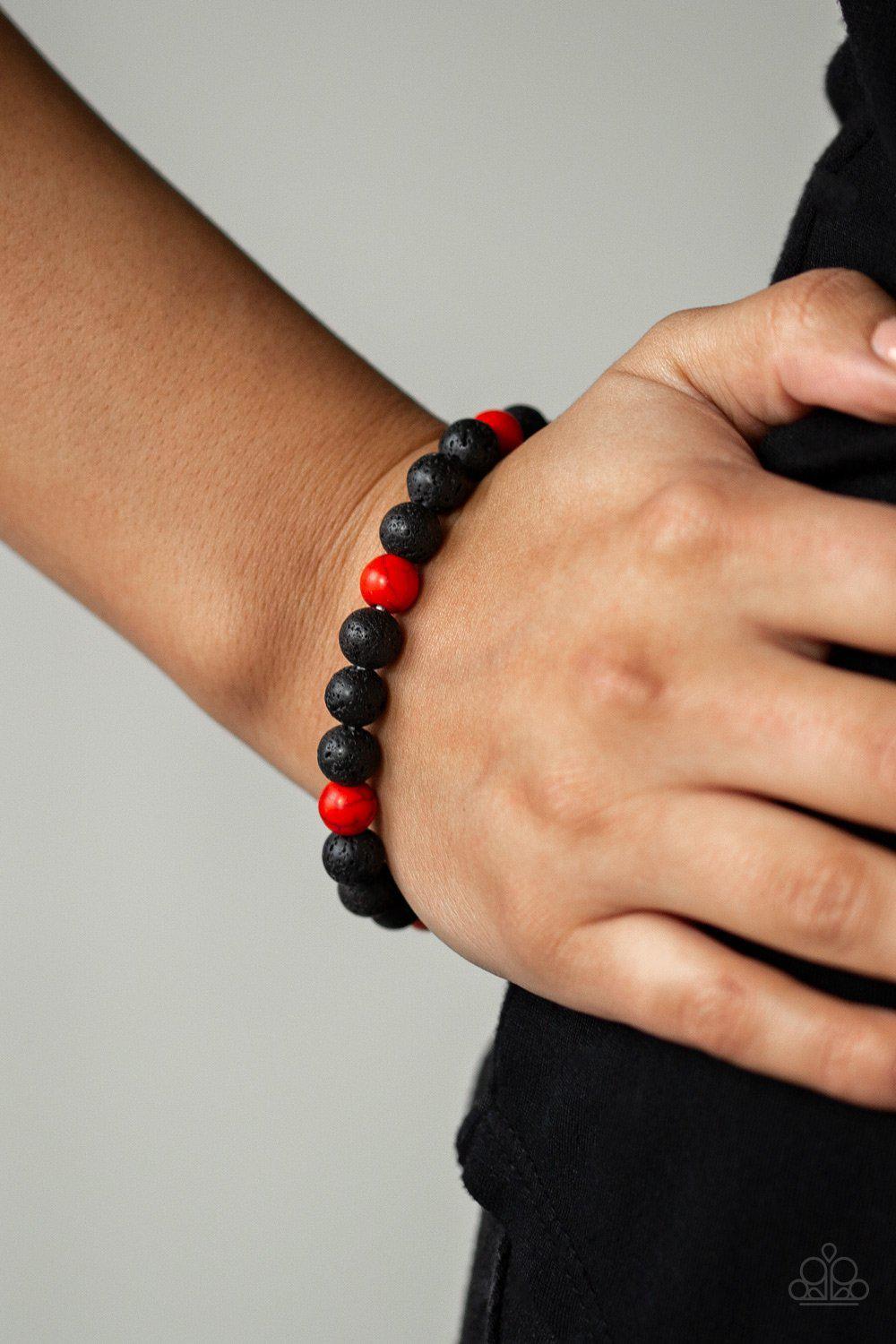 All Zen Red Stone and Black Lava Rock Stretch Bracelet - Paparazzi Accessories- on model - CarasShop.com - Paparazzi Jewelry by Cara Jewels