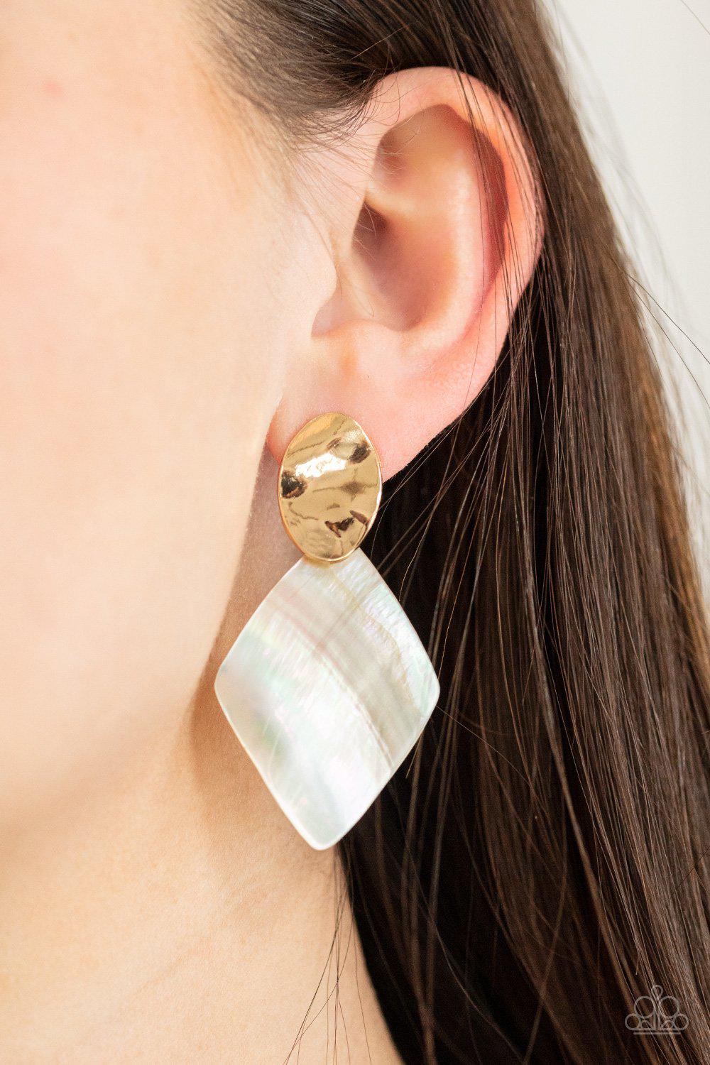 Alluringly Lustrous Gold and Iridescent Shell Post Earrings - Paparazzi Accessories- on model - CarasShop.com - Paparazzi Jewelry by Cara Jewels