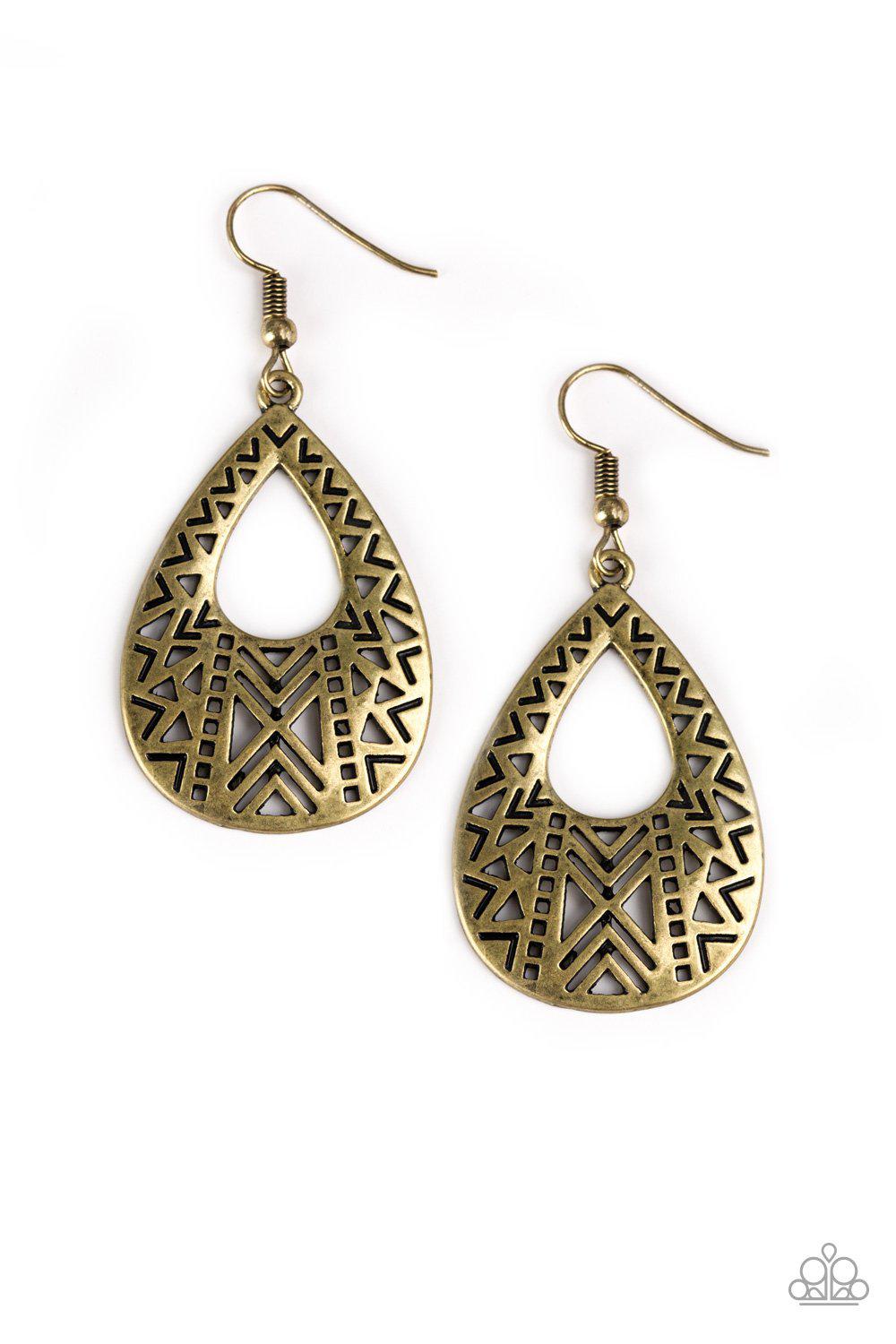 Alpha Amazon Brass Earrings - Paparazzi Accessories- lightbox - CarasShop.com - Paparazzi Jewelry by Cara Jewels