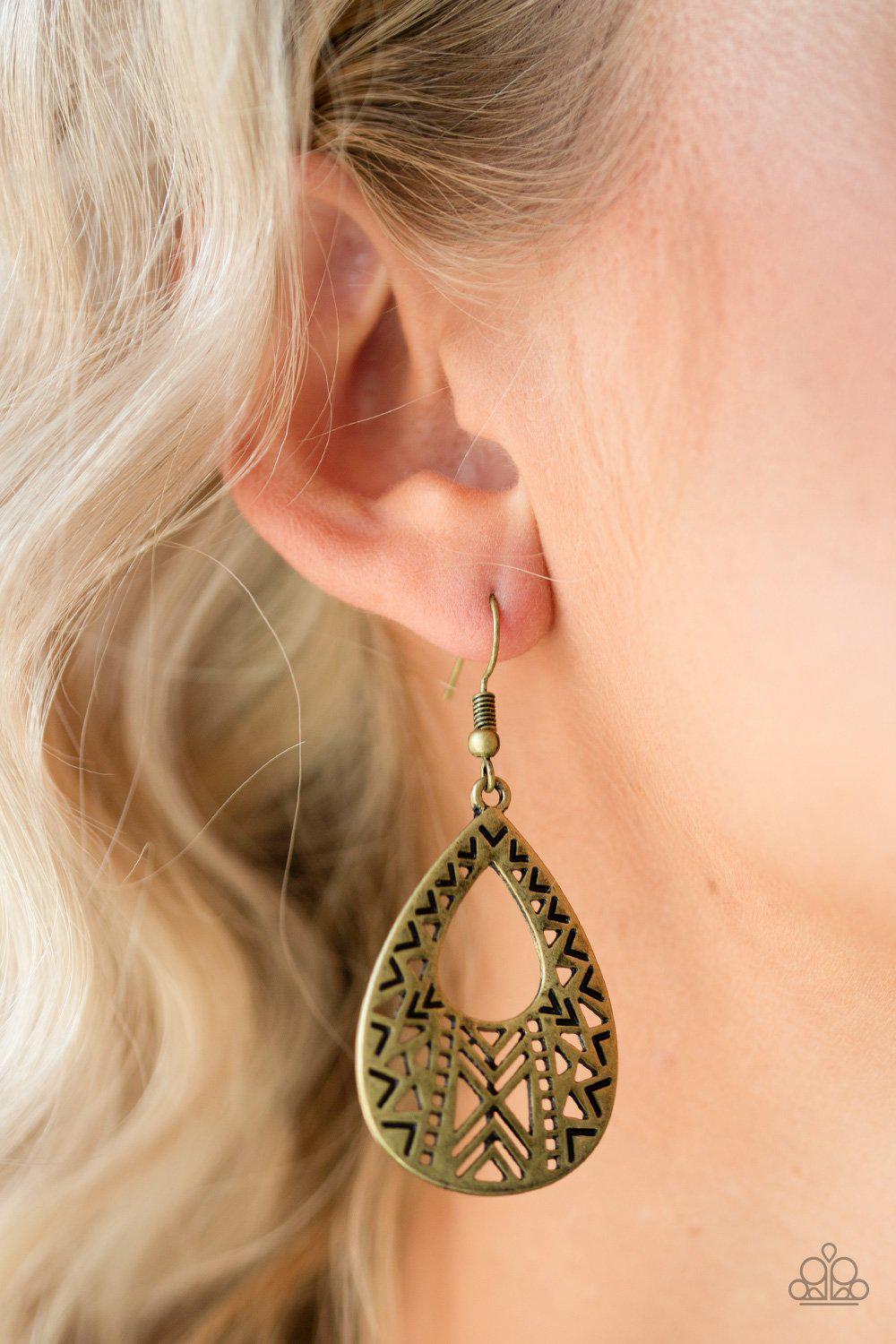 Alpha Amazon Brass Earrings - Paparazzi Accessories- on model - CarasShop.com - Paparazzi Jewelry by Cara Jewels