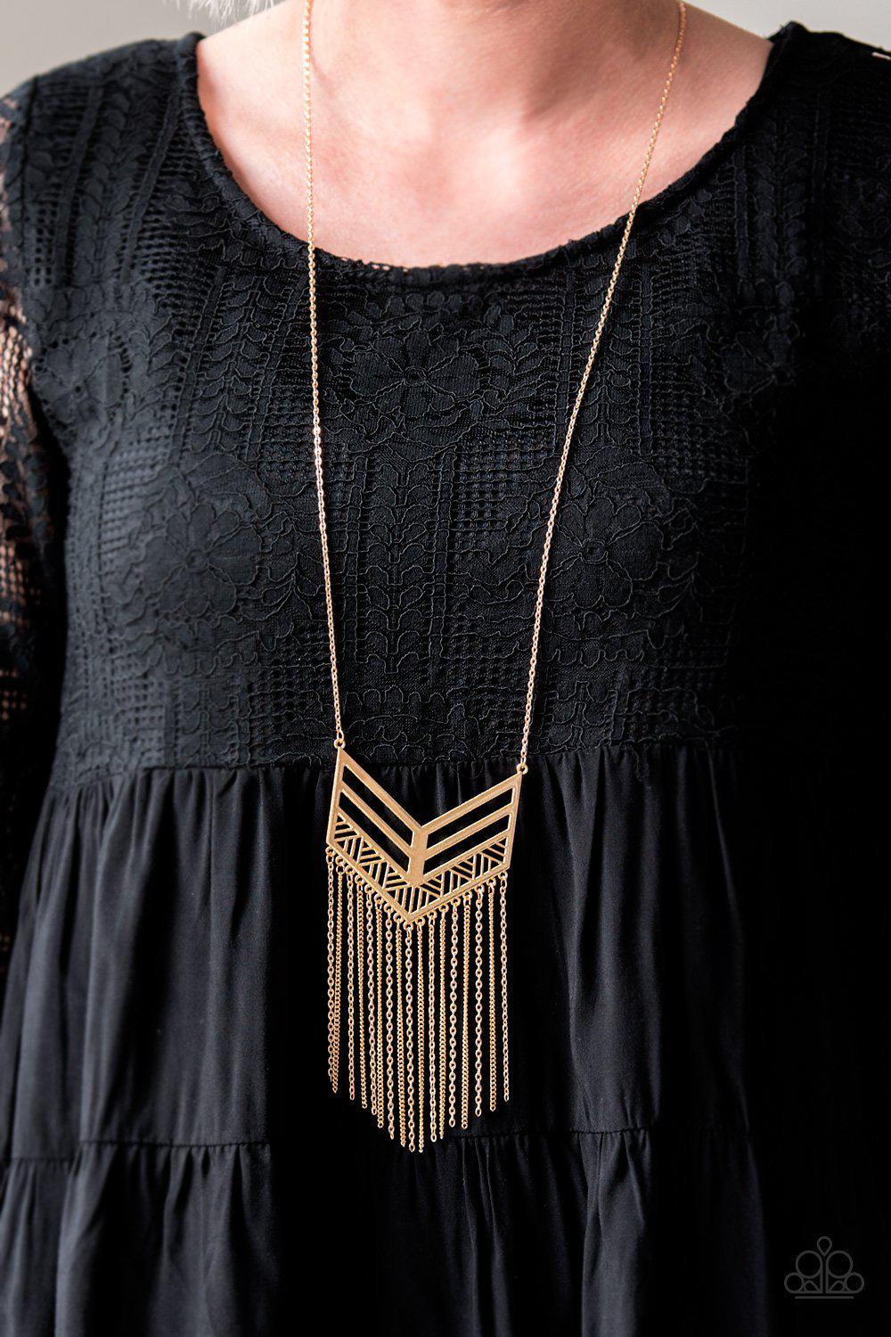 Alpha Attitude Gold Necklace - Paparazzi Accessories- on model - CarasShop.com - Paparazzi Jewelry by Cara Jewels