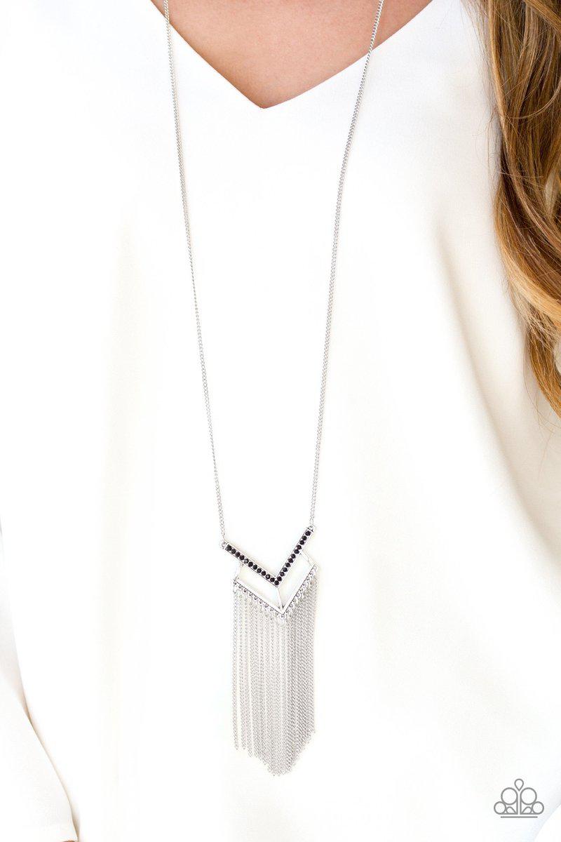 Alpha Glam Black Fringe Necklace - Paparazzi Accessories- on model - CarasShop.com - Paparazzi Jewelry by Cara Jewels