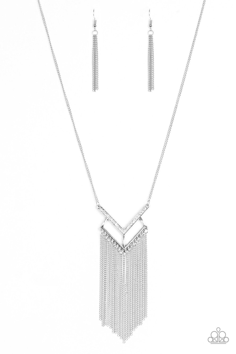Alpha Glam Silver and White Fringe Necklace - Paparazzi Accessories- lightbox - CarasShop.com - Paparazzi Jewelry by Cara Jewels