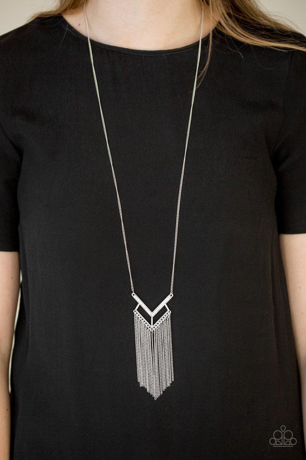 Alpha Glam Silver and White Fringe Necklace - Paparazzi Accessories- on model - CarasShop.com - Paparazzi Jewelry by Cara Jewels