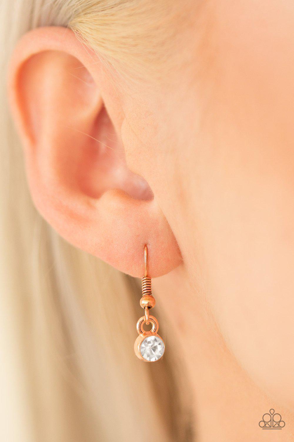 Already Aglow Shiny Copper and White Rhinestone Teardrop Necklace - Paparazzi Accessories - free matching earrings -CarasShop.com - Paparazzi Jewelry by Cara Jewels