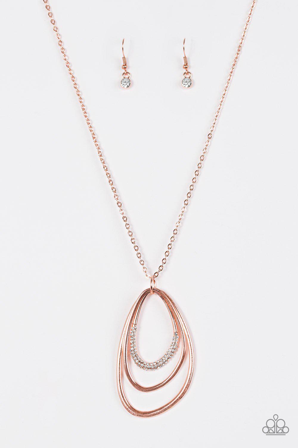 Already Aglow Shiny Copper and White Rhinestone Teardrop Necklace - Paparazzi Accessories- lightbox - CarasShop.com - Paparazzi Jewelry by Cara Jewels