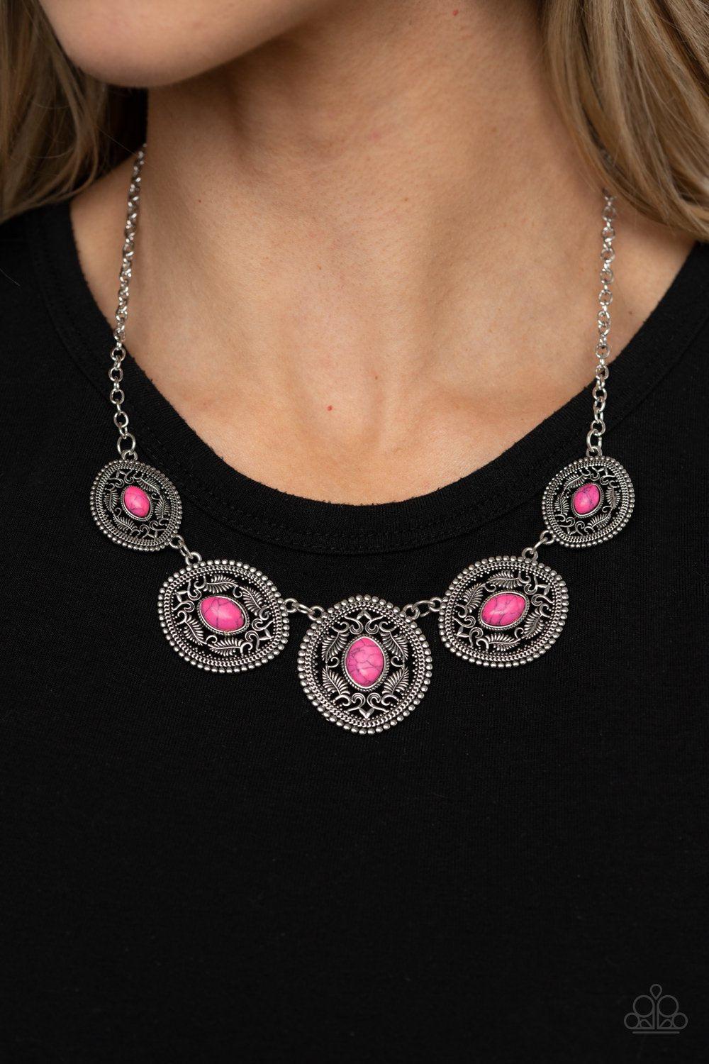 Alter ECO Pink Stone and Silver Necklace - Paparazzi Accessories- on model - CarasShop.com - Paparazzi Jewelry by Cara Jewels