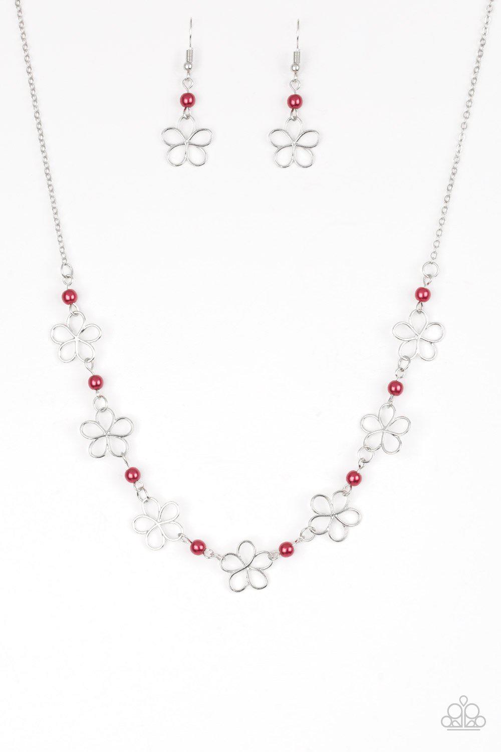 Always Abloom Red and Silver Flower Necklace - Paparazzi Accessories- lightbox - CarasShop.com - Paparazzi Jewelry by Cara Jewels