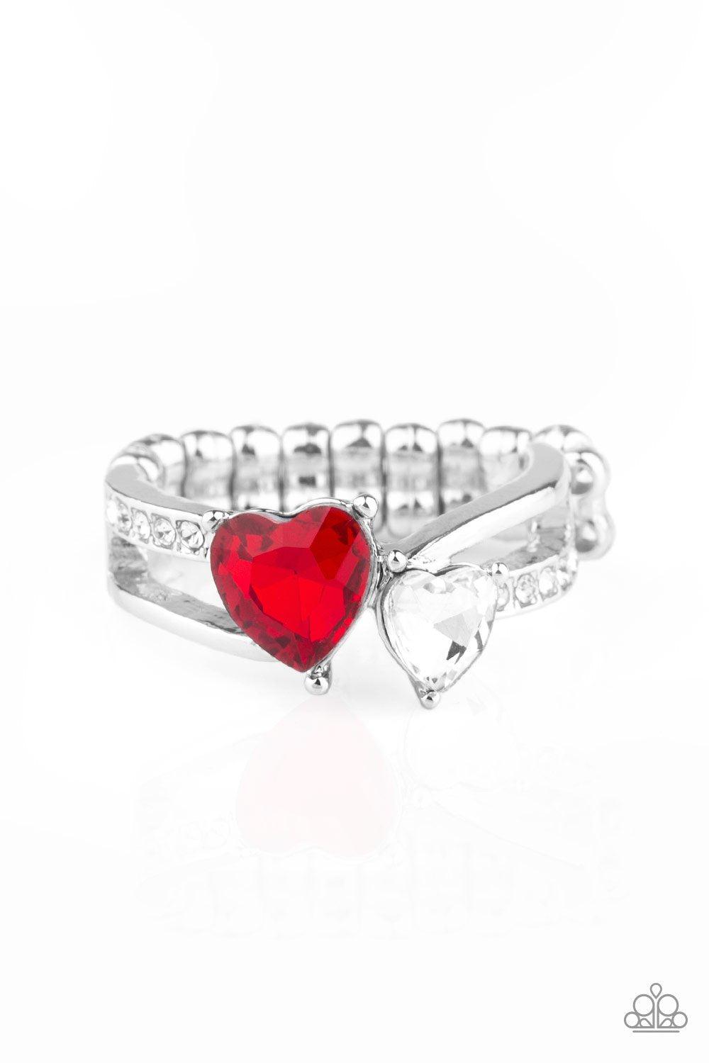 Always Adored Red and White Rhinestone Heart Ring - Paparazzi Accessories- lightbox - CarasShop.com - Paparazzi Jewelry by Cara Jewels
