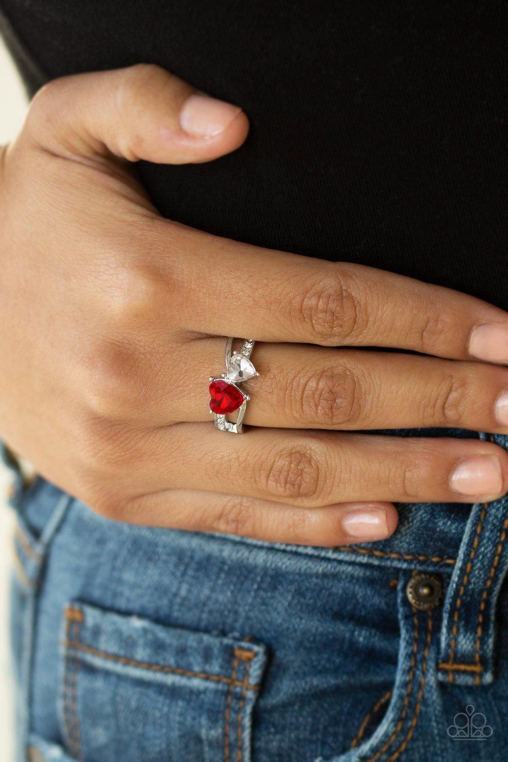 Always Adored Red and White Rhinestone Heart Ring - Paparazzi Accessories- on model - CarasShop.com - Paparazzi Jewelry by Cara Jewels