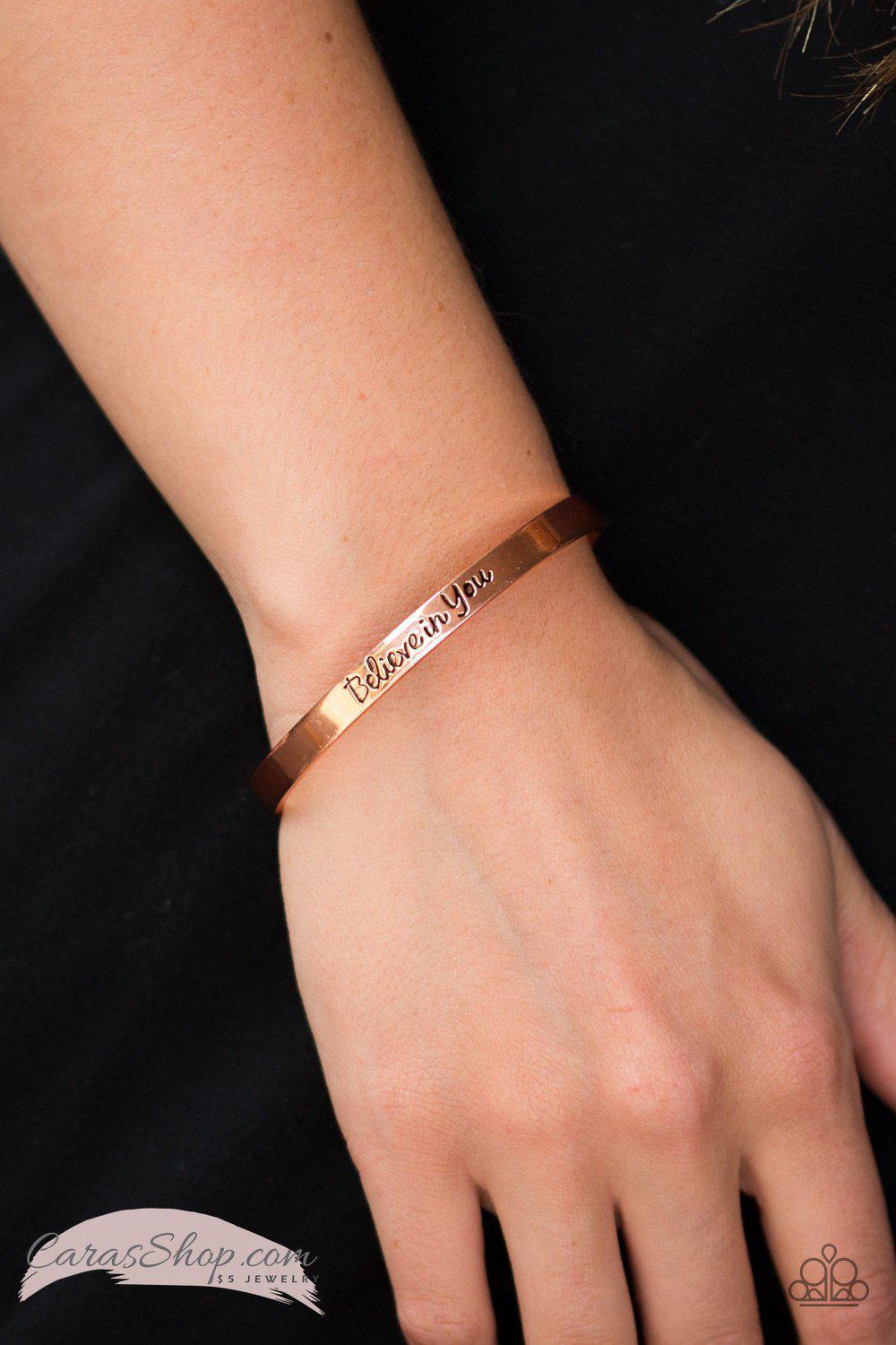 Always Believe Copper Cuff Word Bracelet - Paparazzi Accessories- on model - CarasShop.com - Paparazzi Jewelry by Cara Jewels