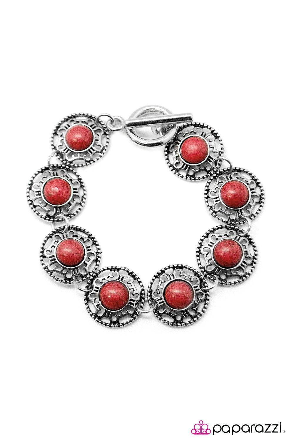 Always In Fashion Red Stone and Silver Bracelet - Paparazzi Accessories- lightbox - CarasShop.com - Paparazzi Jewelry by Cara Jewels