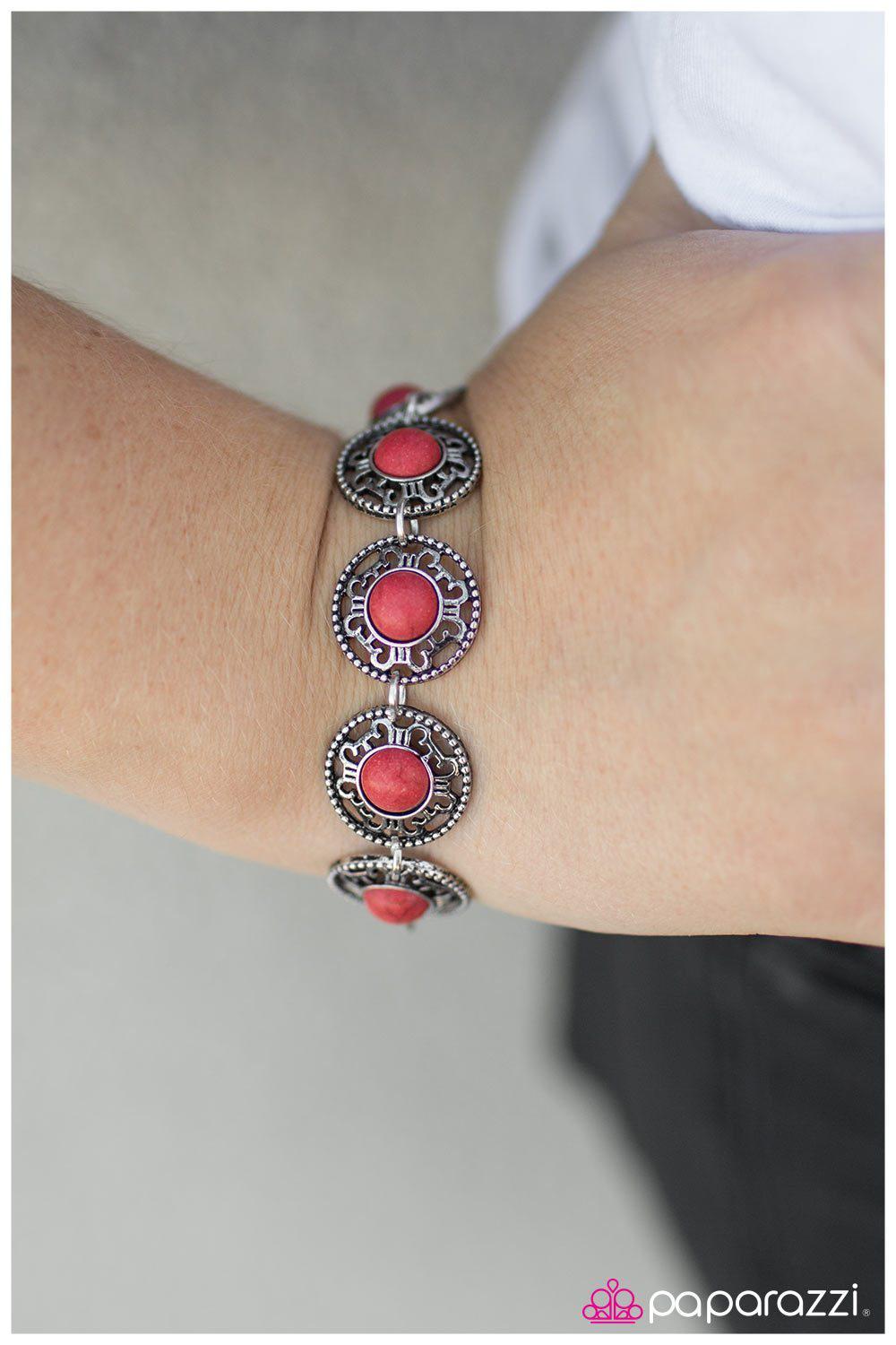 Always In Fashion Red Stone and Silver Bracelet - Paparazzi Accessories- on model - CarasShop.com - Paparazzi Jewelry by Cara Jewels