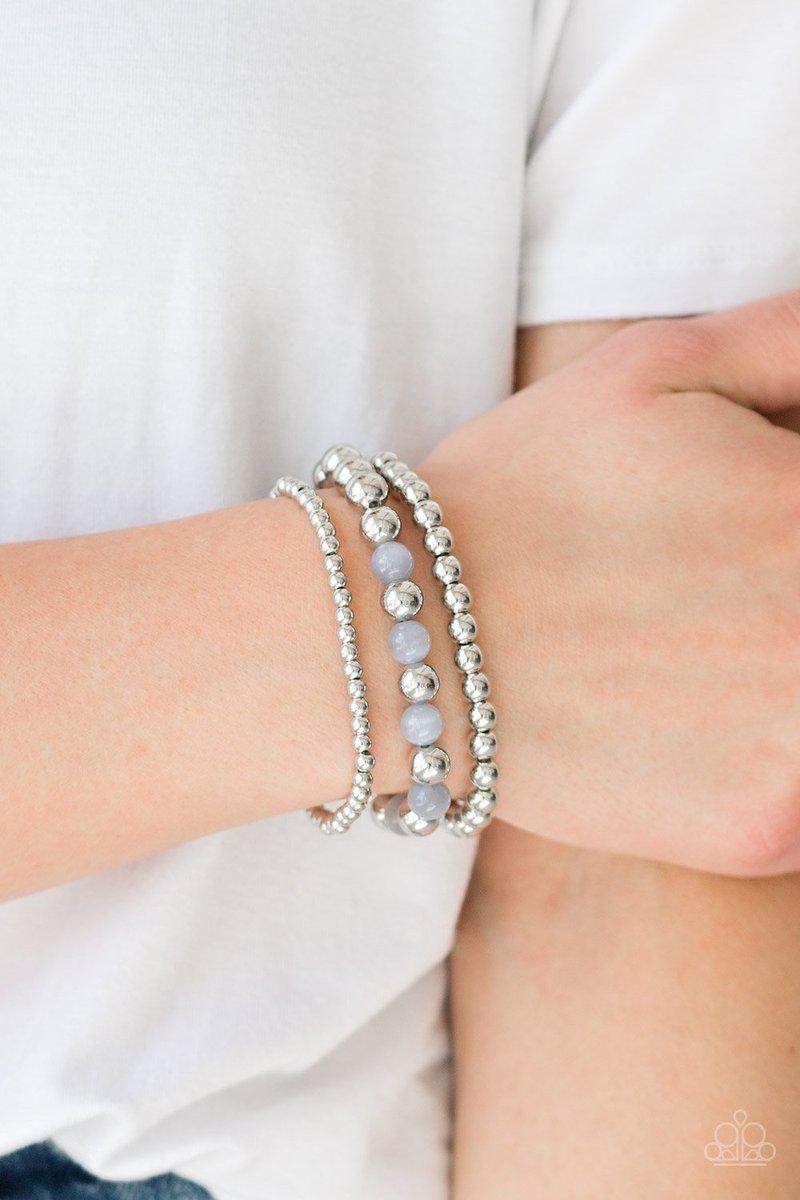 Always On The GLOW Silver Moonstone Bracelet Set - Paparazzi Accessories- on model - CarasShop.com - Paparazzi Jewelry by Cara Jewels