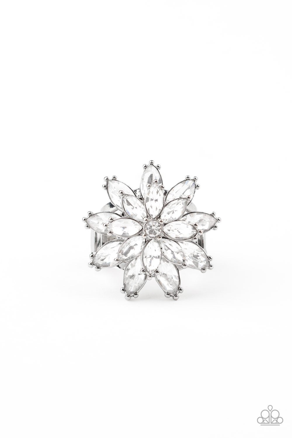 Am I GLEAM-ing White Rhinestone Flower Ring - Paparazzi Accessories- lightbox - CarasShop.com - Paparazzi Jewelry by Cara Jewels