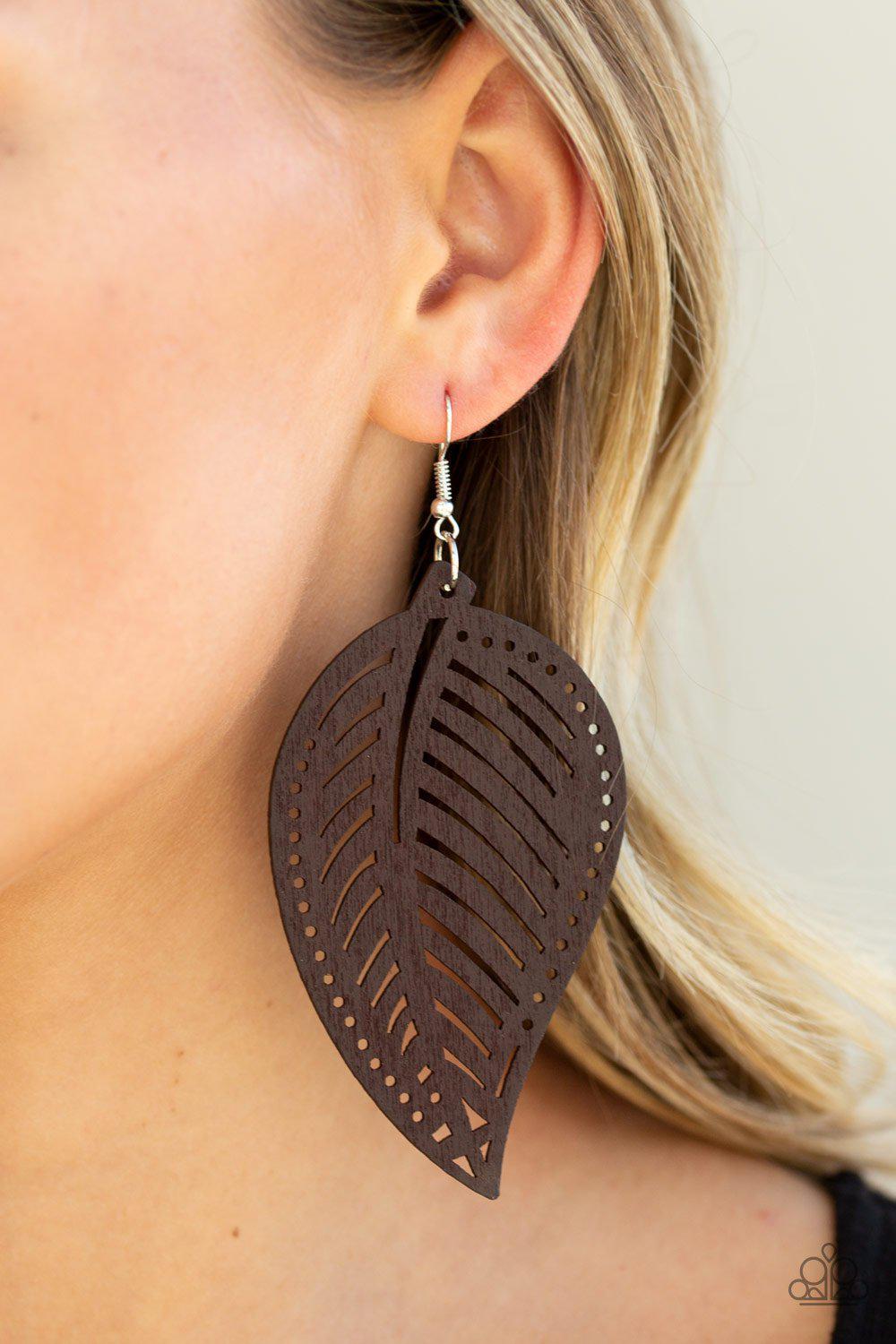 Amazon Zen Brown Wood Leaf Earrings - Paparazzi Accessories- on model - CarasShop.com - Paparazzi Jewelry by Cara Jewels