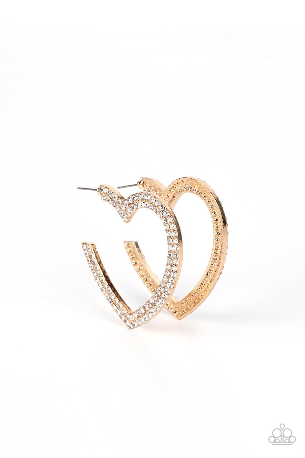 AMORE to Love Gold and White Rhinestone Heart Earrings - Paparazzi Accessories- lightbox - CarasShop.com - Paparazzi Jewelry by Cara Jewels
