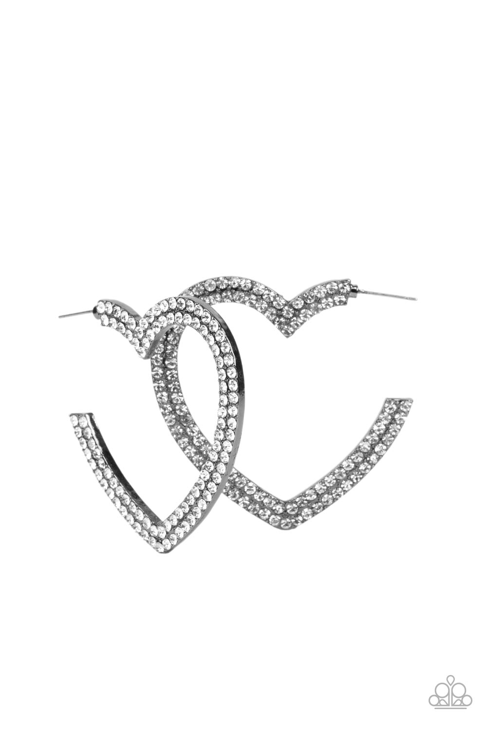 AMORE to Love Gunmetal Black and White Rhinestone Heart Hoop Earrings - Paparazzi Accessories- lightbox - CarasShop.com - Paparazzi Jewelry by Cara Jewels