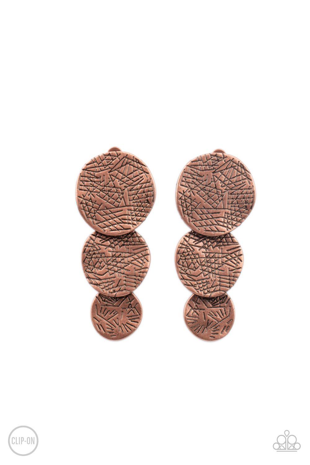 Ancient Antiquity Copper Clip-On Earrings - Paparazzi Accessories- lightbox - CarasShop.com - Paparazzi Jewelry by Cara Jewels