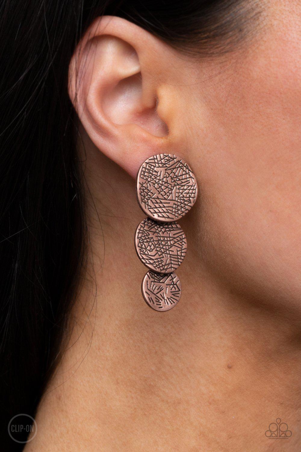 Ancient Antiquity Copper Clip-On Earrings - Paparazzi Accessories- lightbox - CarasShop.com - Paparazzi Jewelry by Cara Jewels