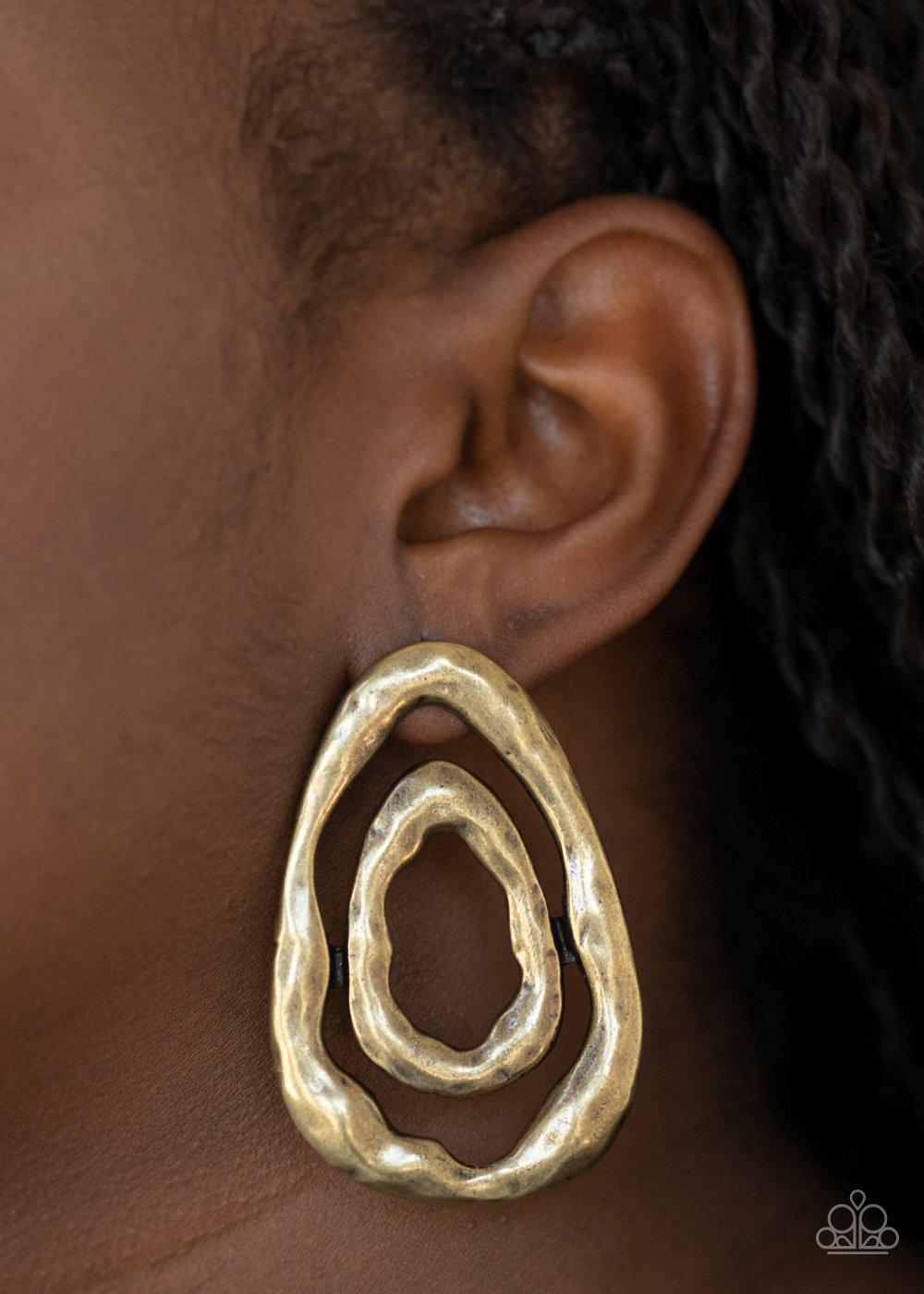 Ancient Ruins Brass Post Earrings - Paparazzi Accessories- on model - CarasShop.com - Paparazzi Jewelry by Cara Jewels