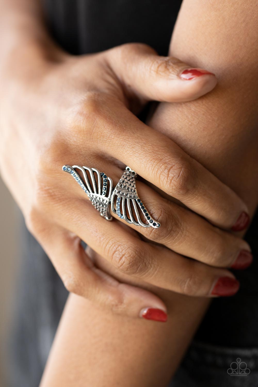 Angels Among Us Blue Rhinestone Ring - Paparazzi Accessories- on model - CarasShop.com - Paparazzi Jewelry by Cara Jewels